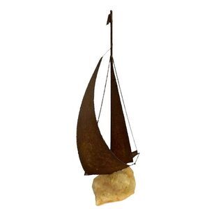 DeMott Vtg Metal Sailboat Sculpture Stone Base 14" Tall Nautical Decor Rusted